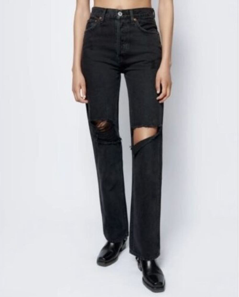 REDONE 90s High-Rise Loose Straight Leg Jeans Button Fly Ripped in Washed Black